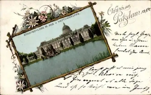 Passepartout Litho Potsdam, Stadtschloss mit See und Neptungruppe