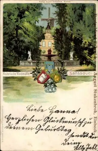 Litho Potsdam, Historische Windmühle, Sanssouci, drei Wappen