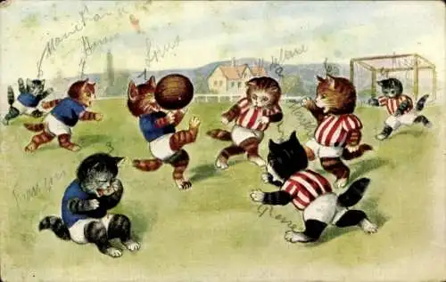 Ak Vermenschlichte Katzen beim Fußballspiel