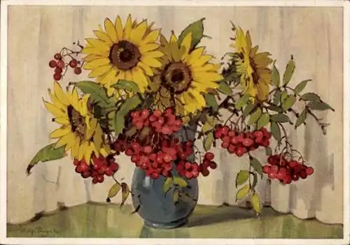 Künstler Ak Regele, R., Blumenstrauß, Sonnenblumen, Ackermann 4180