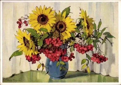 Künstler Ak Regele, R., Blumenstrauß, Sonnenblumen, Ackermann 4180
