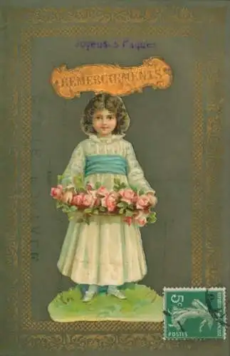 Zelluloid Ak Mädchen mit Blumenkorb