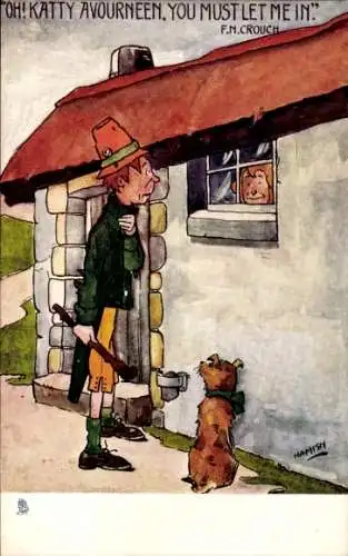 Künstler Ak Mann mit rotem Hut steht vor einer Haustür, Frau am Fenster, Hund