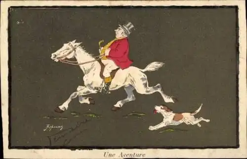 Künstler Ak Une Aventure, Reiter mit Hund