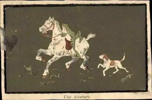 Künstler Ak Frosch reitet auf einem Pferd, Hund