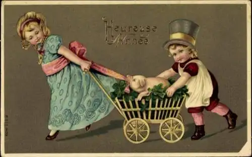 Ak Glückwunsch Neujahr, Kinder, Schwein, Glücksklee