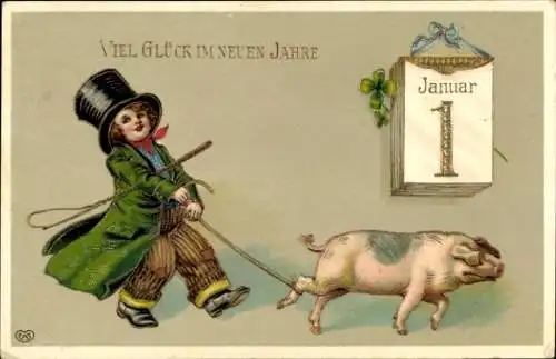 Ak Glückwunsch Neujahr, Kind, Schwein, Kalender, Glücksklee