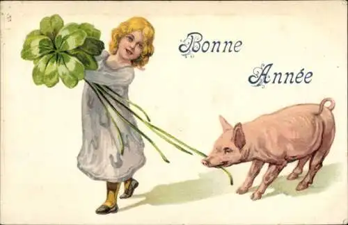 Ak Glückwunsch Neujahr, Mädchen, Schwein, Glücksklee