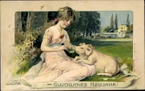 Künstler Ak Glückwunsch Neujahr, Mädchen und Schwein, gemaltes Porträt