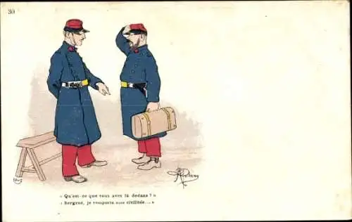 Künstler Litho Französische Soldaten in Uniformen, Abreise, Koffer