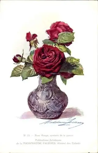 Künstler Ak Blumenvase, Rote Rosen