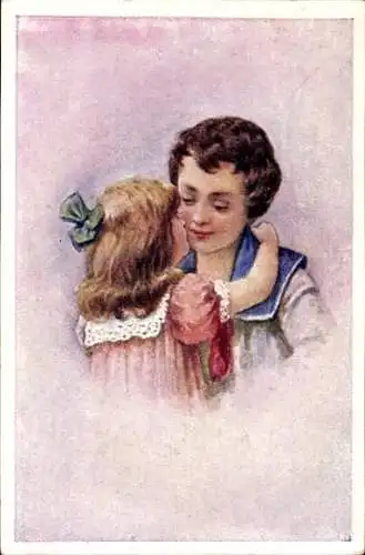 Ak Liebespaar, Kinder, Gemaltes Porträt, Kuss, Kalender