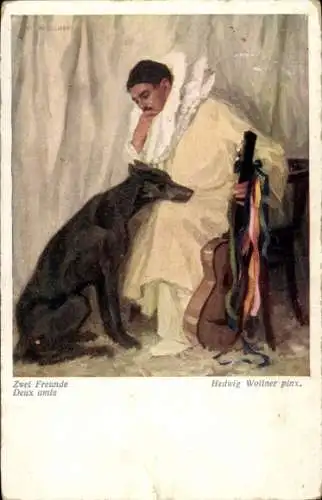 Künstler Ak Wollner, H., Zwei Freunde, Mann, Hund, Gitarre