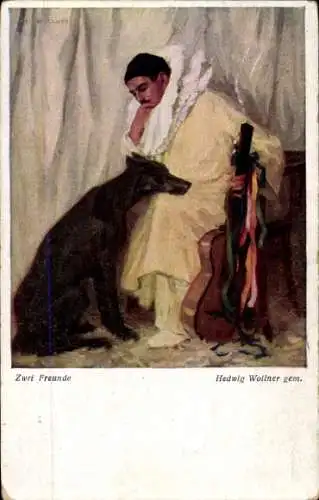 Künstler Ak Wollner, H., Zwei Freunde, Mann, Hund, Gitarre