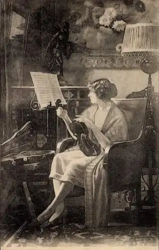 Ak Frau mit Geige, Porträt, Noten, Musikinstrument, Lampe