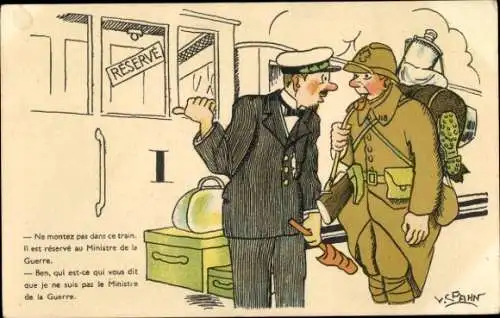 Künstler Ak Spahn, V., Soldat mit Gepäck und Offizier an einem Bahnsteig