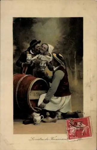 Ak Französische Tracht, Mann küsst eine Frau, Bier, Liebespaar