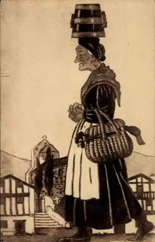 Künstler Ak Tanneur, J. Le, Baskenland, Frau auf dem Weg zum Markt, Eimer, Korb