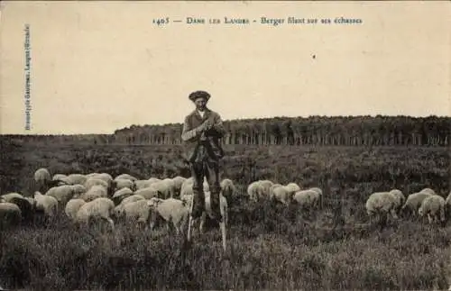Ak Langon Gironde, Ein Hirte auf Stelzen bewacht seine Schafe auf einer Wiese