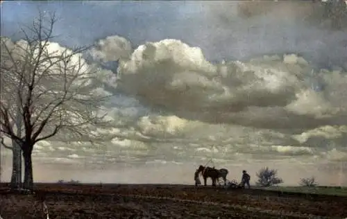 Ak Stangheck Landschaft Angeln, Pflügender Bauer mit Pferd auf einem Feld, bewölkter Himmel