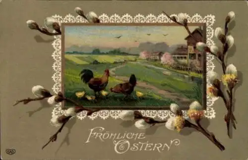 Ak Rössing Nordstemmen in Niedersachsen, Fröhliche Ostern, Hühnerfamilie vor einer Landschaft ...