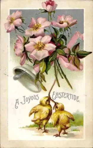 Ak Ostern, Küken läuten eine Glocke, Rosen