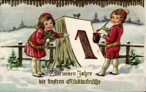Ak Halle an der Saale, Junge und Mädchen verzieren eine Eins mit Tannenzweigen und roter Farbe...