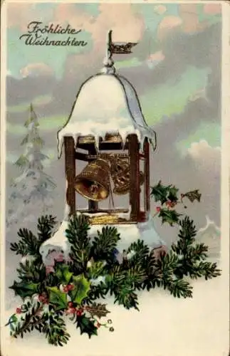 Ak Aachen, Vorderseite einer Weihnachtspostkarte mit Glockenturm im Schnee, Tannenbaum und Mis...