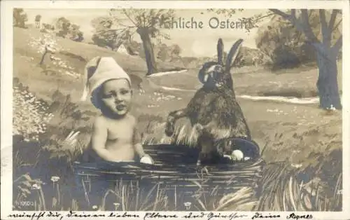 Ak Bielefeld in Nordrhein Westfalen, Gasthof Lübrasser Krug, Osterhase mit Kind im Korb