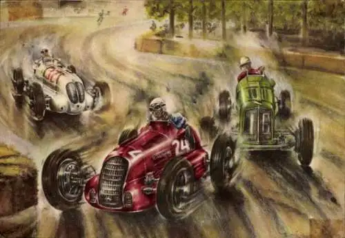 Künstler Ak Autorennen, Grand Prix von Modena 1938, Alfa Romeo, Biondetti, Dobson, ERA