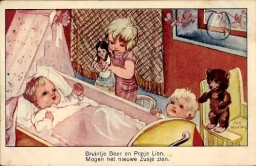 Ak Dresden Blasewitz, Bruintje Beer und Popje Lien betrachten ein Baby in einem Bett.
