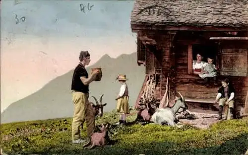 Ak Lugano Kanton Tessin Schweiz, Ein Mann mit drei Kindern und drei Ziegen vor einem Haus