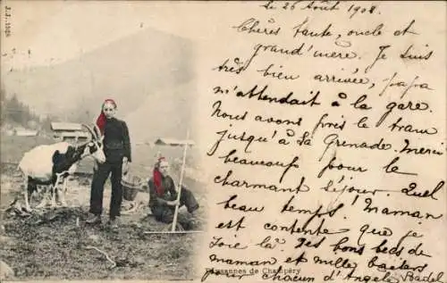 Ak Champéry Kanton Wallis, Frauen in schweizerischen Trachten, Ziege