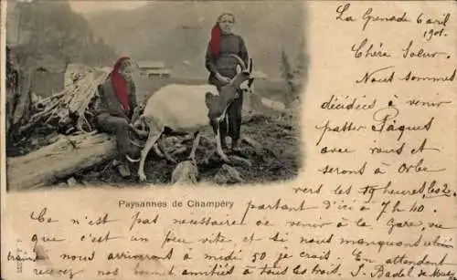 Ak Champéry Kanton Wallis, Schweizerische Tracht, Zwei Frauen, Ziege