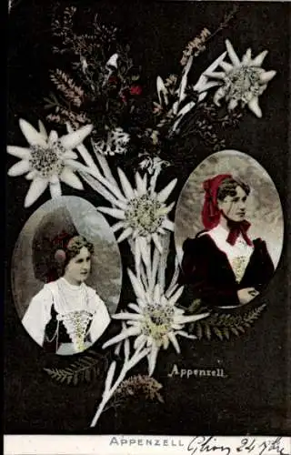Ak Appenzell Stadt Kanton Innerrhoden, Zwei Frauen in Tracht, Alpenveilchen, Appenzell.
