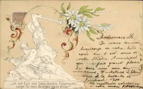 Präge Ak Paar, Liegender Mann, Edelweiß, Ich Euch eine Gasse machen, Eidgenossen