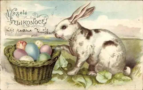 Litho Frohe Ostern, Osterhase mit Korb voller Ostereier
