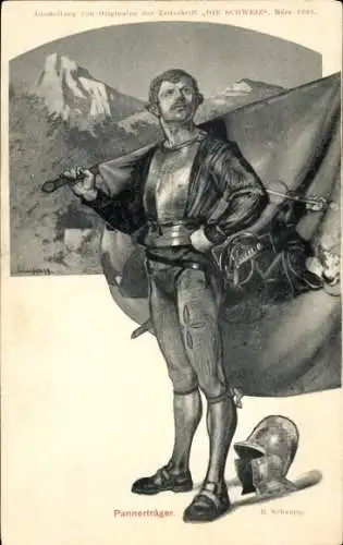 Ak Schweiz, Pannerträger, Mann mit Fahne, Gebirge
