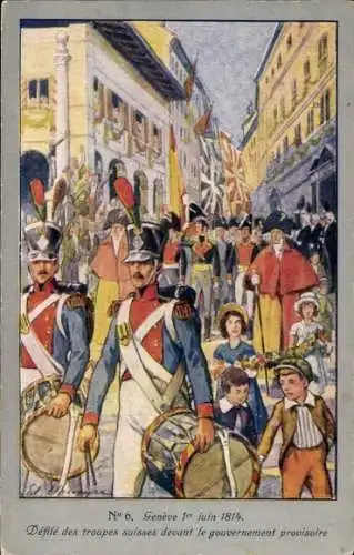 Künstler Ak Genf Stadt Schweiz, Defile des troupes suisses devant le gouvernement provisoire