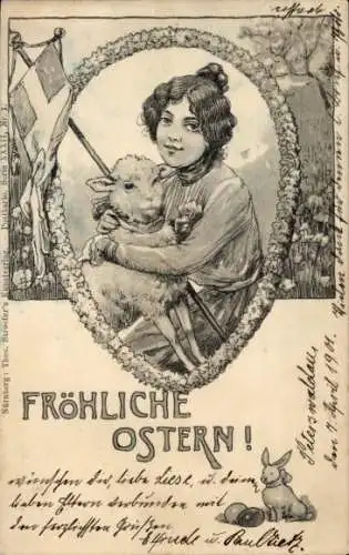 Ak Eulendörfel Pieszyce Peterswaldau Schlesien, Eine junge Frau mit einem Lamm.