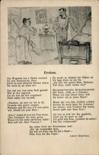 Ak Dresden Altfranken, Eine Frau steht mit einem Besen in der Hand vor einem Bett auf dem ein ...