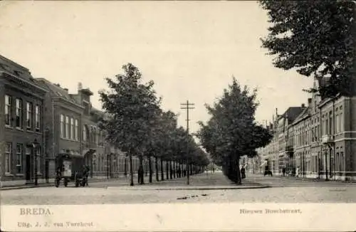 Ak Breda Nordbrabant Niederlande, Eine schwarz-weiße Aufnahme einer breiten Straße mit Bäumen ...