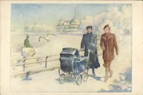 Künstler Ak Kopenhagen Dänemark, Kleine Meerjungfrau, Winter, Kinderwagen