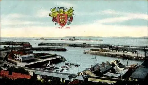 Ak Kanalinsel Jersey, Hafenansicht, Jersey Arms, Boote im Wasser
