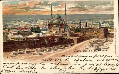 Ak Cairo Kairo Ägypten, Panoramablick auf Kairo, Moschee, Stadtansicht, bunte Farben