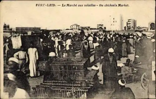 Ak Port Said Ägypten, Hühnermarkt, viele Menschen, Käfige, Gebäude im Hintergrund