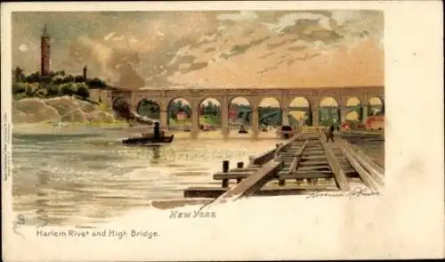 Ak Manhattan New York City USA, Harlem River, High Bridge, Wasserfahrt, Sonnenuntergang