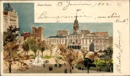 Ak New York City USA, City Hall, Park mit Brunnen und Bäumen, historisches Gebäude