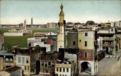 Ak Port Said Ägypten, Panorama von  viele Gebäude, Minarett, Grünflächen
