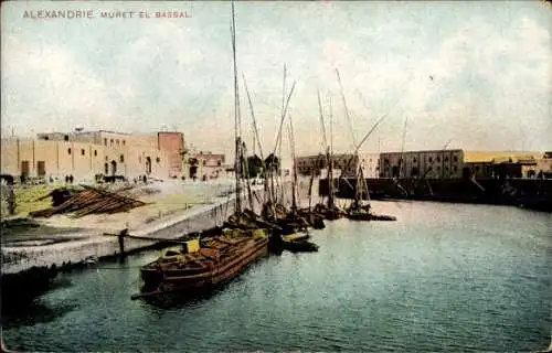 Ak Alexandria Ägypten, Muret el Bassal, Kanal, Boote, Gebäude